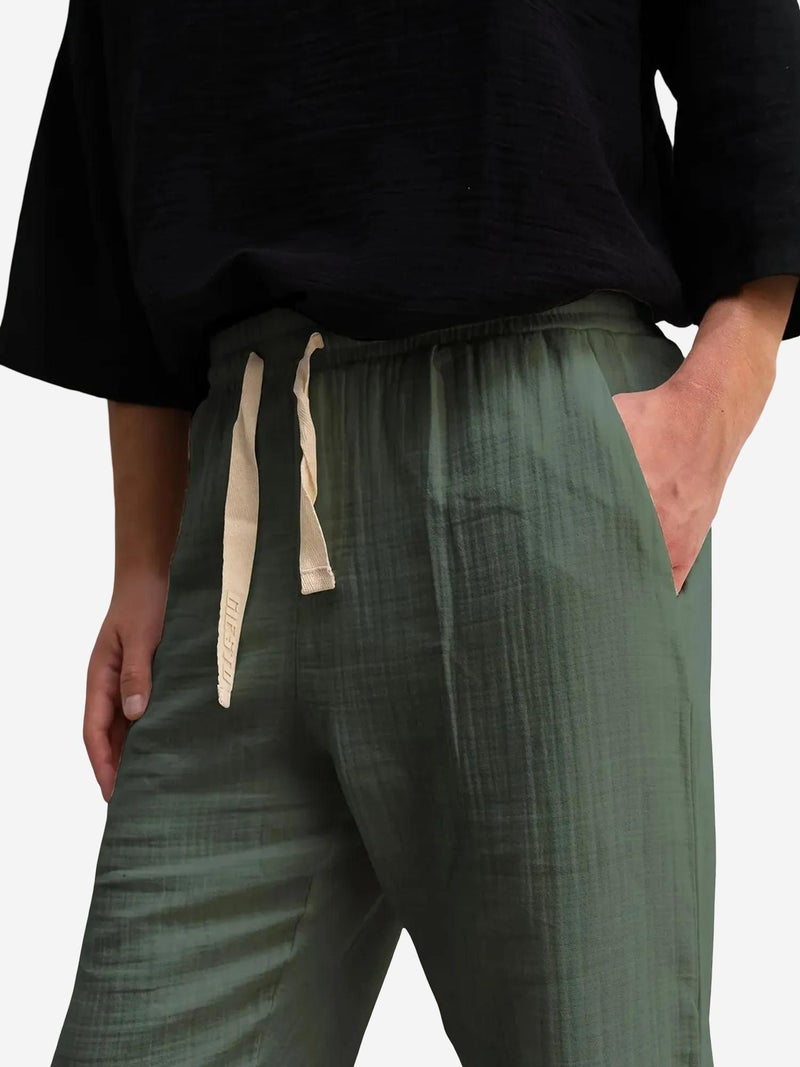 GIESTO Textured Cotton Drawstring Waist Straight Leg Pants - Image 2